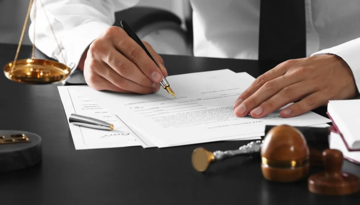 Il Notaio firma l'atto nello studio notarile: bozze pronte per il controllo e la firma